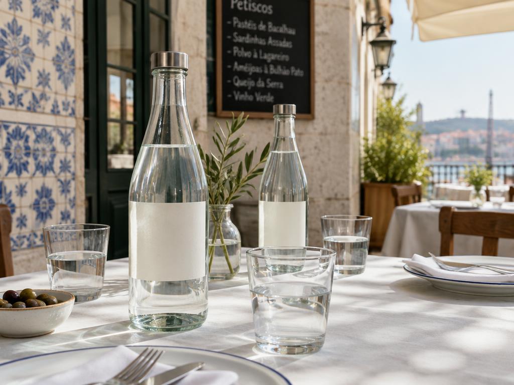 Garrafas de vidro com rótulo em branco numa mesa de restaurante